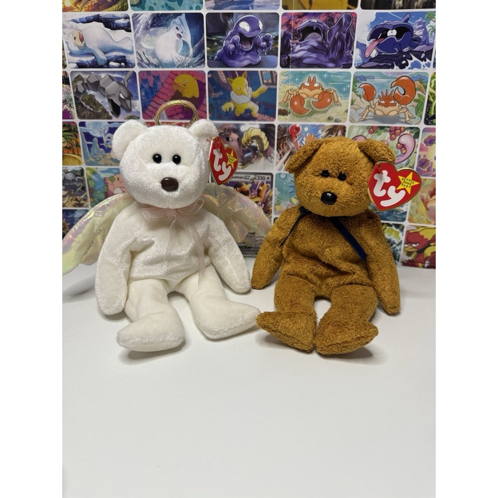 Ty Beanie Babies Fuzz Bear & Halo Angel Bear Lot of 2 Plush 8" w/ Tags